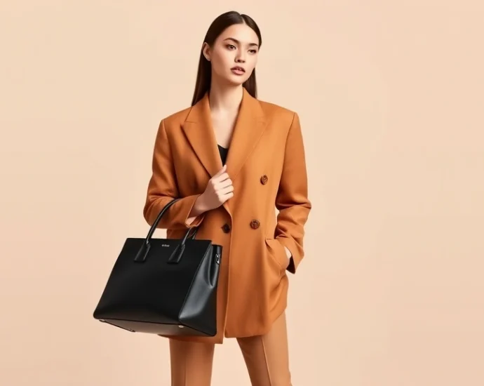 Professional model wearing oversized tailored blazer in camel with structured black handbag, sophisticated minimalist styling, studio lighting, neutral background