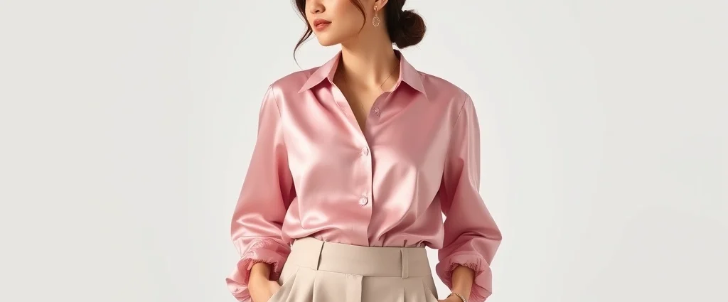 Woman wearing millennial pink silk blouse with high-waisted cropped trousers, minimal jewelry, soft natural lighting, professional fashion photography style, clean white background