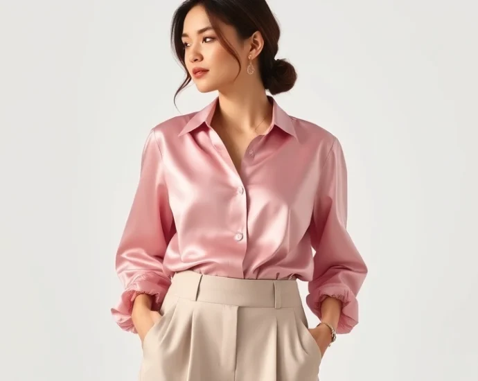 Woman wearing millennial pink silk blouse with high-waisted cropped trousers, minimal jewelry, soft natural lighting, professional fashion photography style, clean white background