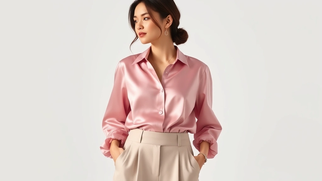 Woman wearing millennial pink silk blouse with high-waisted cropped trousers, minimal jewelry, soft natural lighting, professional fashion photography style, clean white background