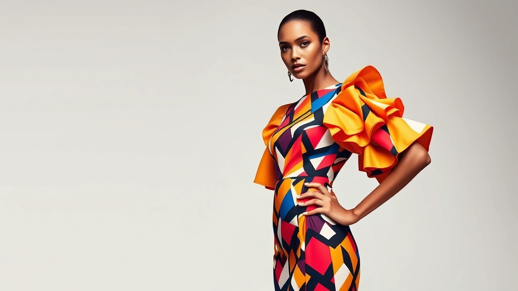 Model in bold geometric print dress with dramatic ruffled sleeves, confident pose, studio lighting, vibrant color palette, high-fashion editorial aesthetic