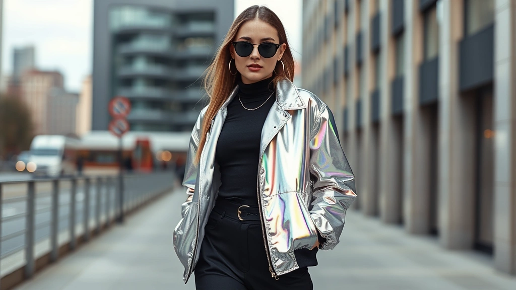 Fashion-forward individual in metallic holographic jacket paired with minimalist black basics, modern urban setting, contemporary street style photography, sleek sophisticated appearance