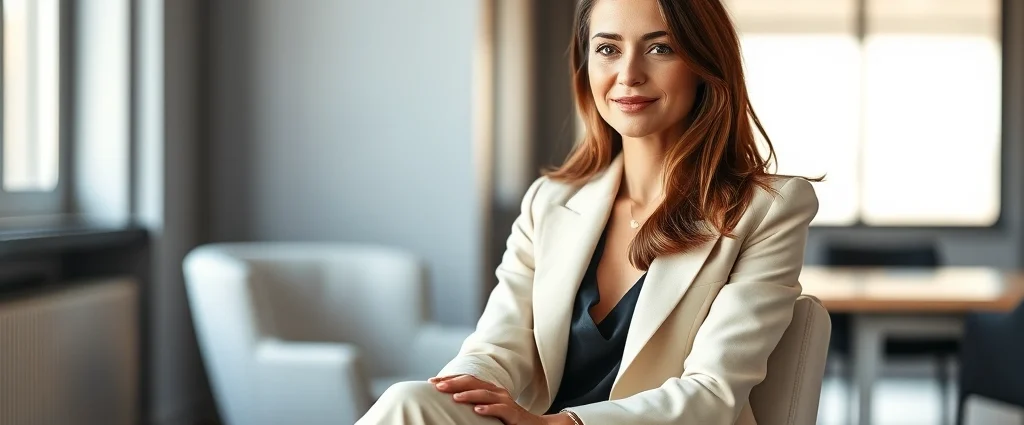 Sophisticated woman in her thirties wearing a perfectly tailored cream blazer and neutral trousers, seated in a modern minimalist office environment, professional confidence radiating from her posture and expression, natural lighting highlighting the quality fabric textures