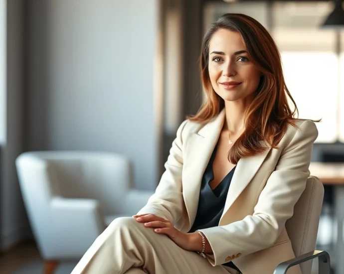 Sophisticated woman in her thirties wearing a perfectly tailored cream blazer and neutral trousers, seated in a modern minimalist office environment, professional confidence radiating from her posture and expression, natural lighting highlighting the quality fabric textures