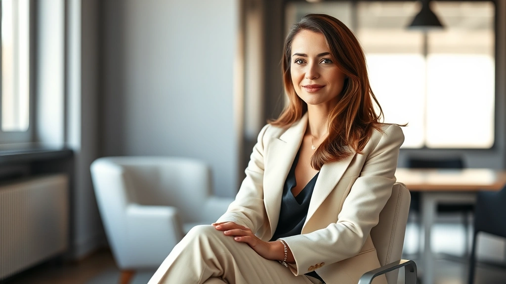 Sophisticated woman in her thirties wearing a perfectly tailored cream blazer and neutral trousers, seated in a modern minimalist office environment, professional confidence radiating from her posture and expression, natural lighting highlighting the quality fabric textures