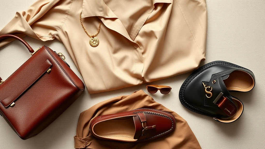 Overhead flat lay of luxury fashion essentials: designer leather handbag, classic gold jewelry, silk neutral-toned clothing, quality leather loafers, and a structured leather belt arranged artfully on a light neutral background showcasing investment pieces