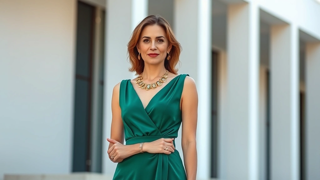 Woman in her thirties wearing a jewel-tone emerald dress with statement gold jewelry, standing confidently against a clean white modern architectural backdrop, embodying color confidence and personal style maturity with composed elegant expression