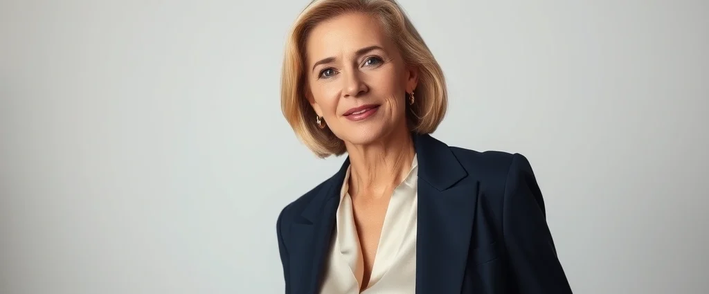 Elegant 50-year-old woman wearing tailored navy blazer and cream silk blouse, standing confidently with natural posture, soft lighting highlighting refined features and quality fabrics, sophisticated professional aesthetic