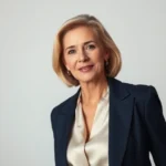 Elegant 50-year-old woman wearing tailored navy blazer and cream silk blouse, standing confidently with natural posture, soft lighting highlighting refined features and quality fabrics, sophisticated professional aesthetic