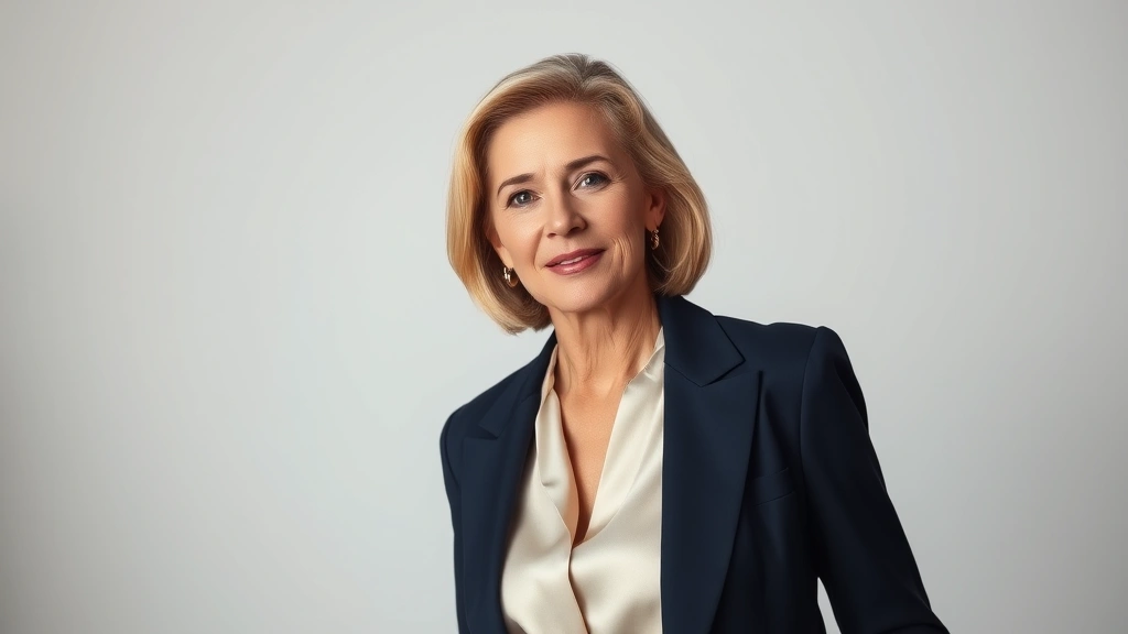 Elegant 50-year-old woman wearing tailored navy blazer and cream silk blouse, standing confidently with natural posture, soft lighting highlighting refined features and quality fabrics, sophisticated professional aesthetic