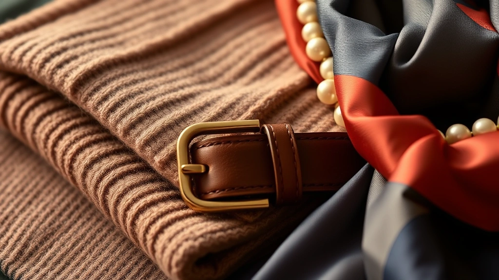 Close-up of luxury fashion basics: folded cashmere sweater, quality leather belt, pearl earrings, and silk scarf arranged artfully, warm lighting emphasizing texture and craftsmanship of premium materials