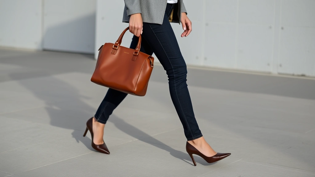 Mature woman in well-fitted dark jeans, structured leather handbag, and classic pumps walking with poise, neutral color palette, natural daylight showing polished grooming and confident presence