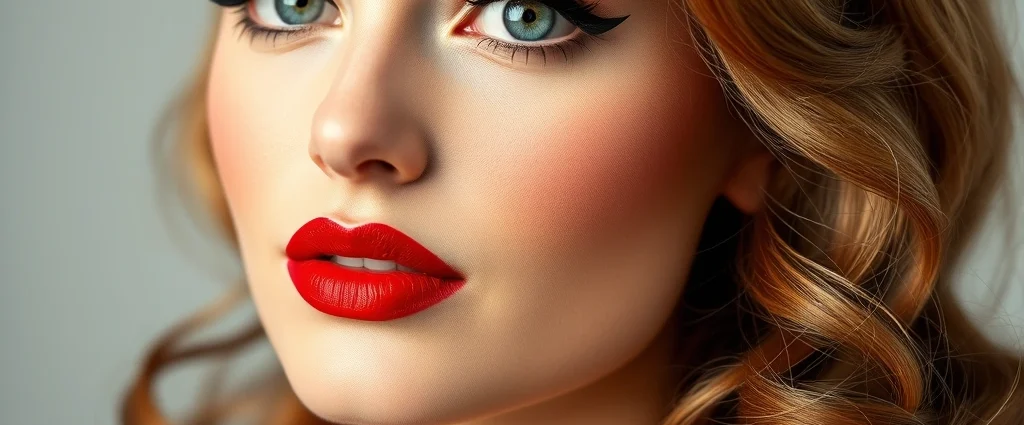 Close-up of a woman's face with classic 1950s makeup featuring bold red lipstick, perfectly arched thin eyebrows, dramatic winged eyeliner, and porcelain complexion with blush, styled hair in vintage waves, soft studio lighting