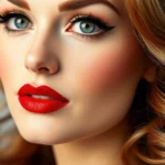 Close-up of a woman's face with classic 1950s makeup featuring bold red lipstick, perfectly arched thin eyebrows, dramatic winged eyeliner, and porcelain complexion with blush, styled hair in vintage waves, soft studio lighting