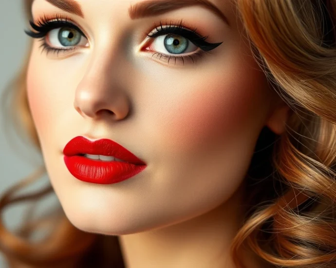 Close-up of a woman's face with classic 1950s makeup featuring bold red lipstick, perfectly arched thin eyebrows, dramatic winged eyeliner, and porcelain complexion with blush, styled hair in vintage waves, soft studio lighting