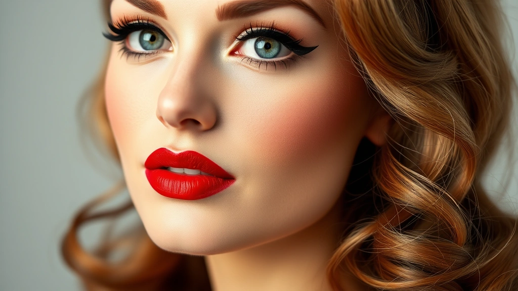 Close-up of a woman's face with classic 1950s makeup featuring bold red lipstick, perfectly arched thin eyebrows, dramatic winged eyeliner, and porcelain complexion with blush, styled hair in vintage waves, soft studio lighting