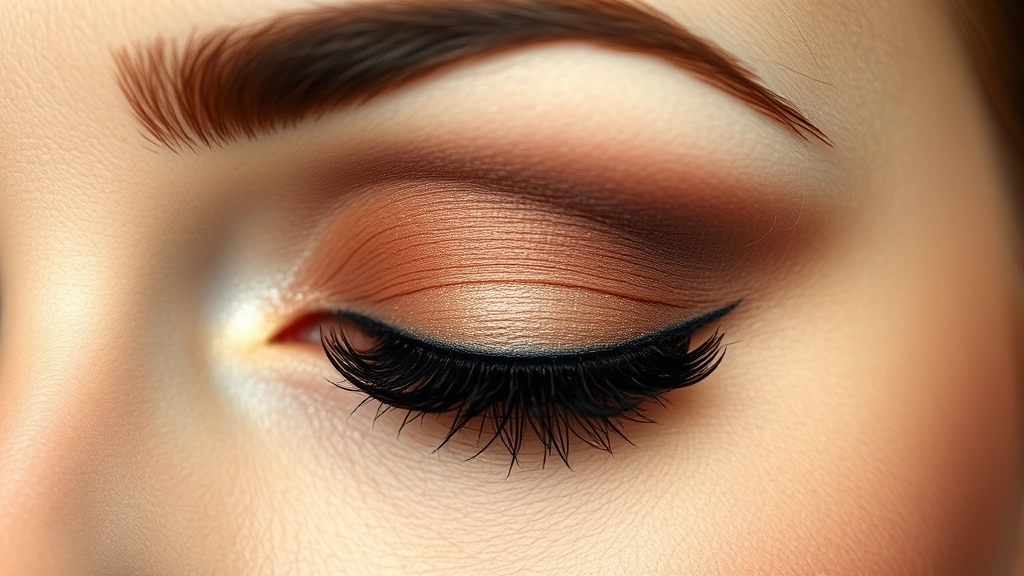 Detailed shot of a woman's eye with authentic 50s makeup including cream eyeshadow, darker crease definition, thick black mascara, winged eyeliner, and perfectly shaped thin arched brow, professional beauty photography