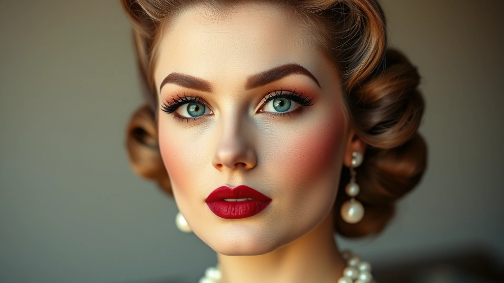 Full face portrait of a woman wearing complete 1950s makeup look with coordinated burgundy lipstick, defined cheekbones, vintage hairstyle in victory rolls, pearl jewelry, soft focus background, classic Hollywood glamour styling