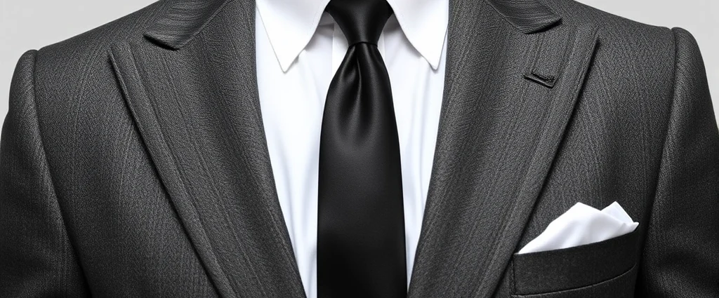 Well-tailored charcoal gray wool suit with crisp white oxford cloth shirt, dark tie, and polished black leather oxfords on a sophisticated man, emphasizing precise 1950s tailoring and proportions