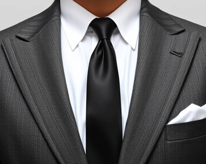 Well-tailored charcoal gray wool suit with crisp white oxford cloth shirt, dark tie, and polished black leather oxfords on a sophisticated man, emphasizing precise 1950s tailoring and proportions