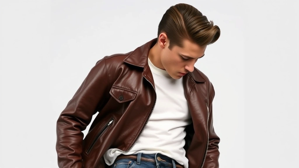 Vintage leather jacket over white t-shirt with fitted denim jeans and slicked-back pompadour hairstyle, embodying rebellious 1950s rockabilly aesthetic and youth culture