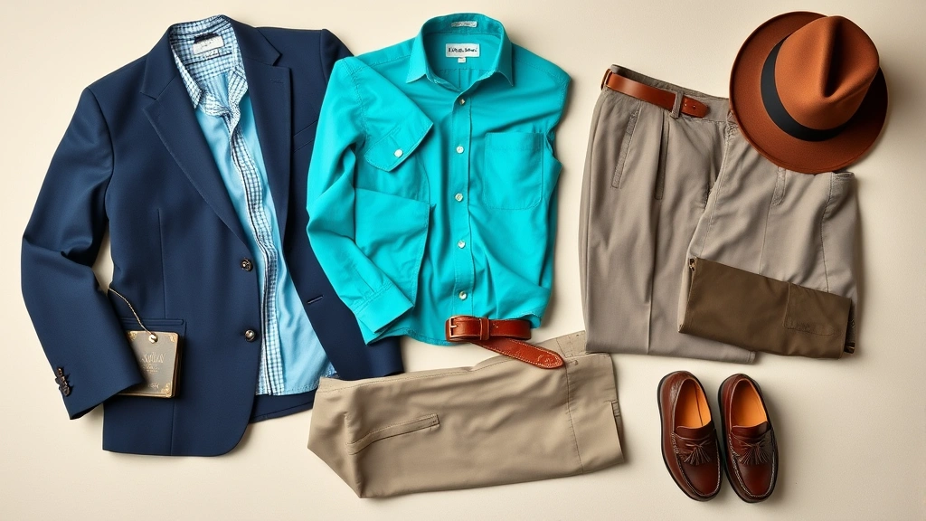 Collection of 1950s menswear essentials including navy blazer, bowling shirt in turquoise, pressed trousers, vintage fedora, leather belt, and classic loafers arranged on neutral background