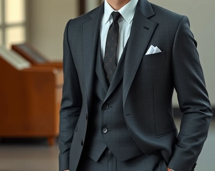 Sharp tailored vintage suit in charcoal gray with narrow lapels, high button stance, and crisp white dress shirt, worn by sophisticated man in professional setting with polished leather oxfords, photorealistic menswear editorial style