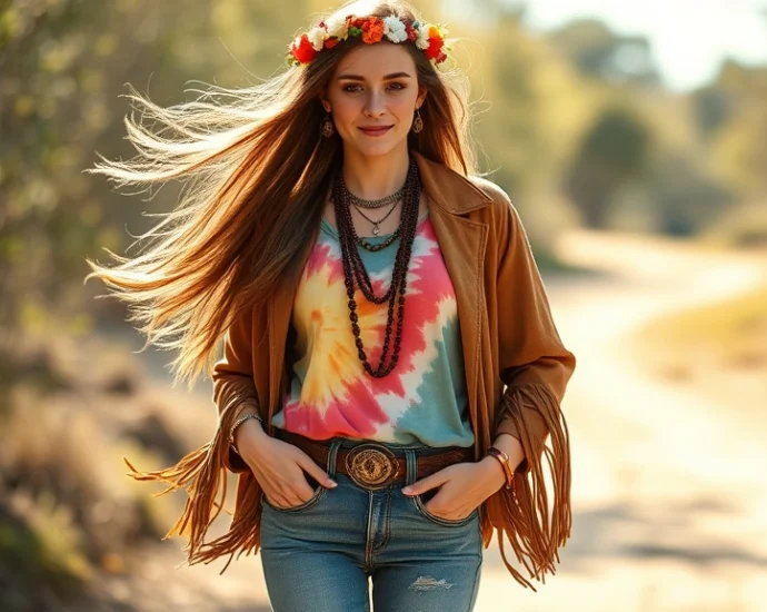 Woman wearing authentic 1960s hippie outfit with bell-bottom jeans, flowing tie-dye shirt, fringe suede jacket, beaded necklaces, and flower crown, standing in natural sunlight with long flowing hair, peaceful expression, bohemian aesthetic, vintage photography style
