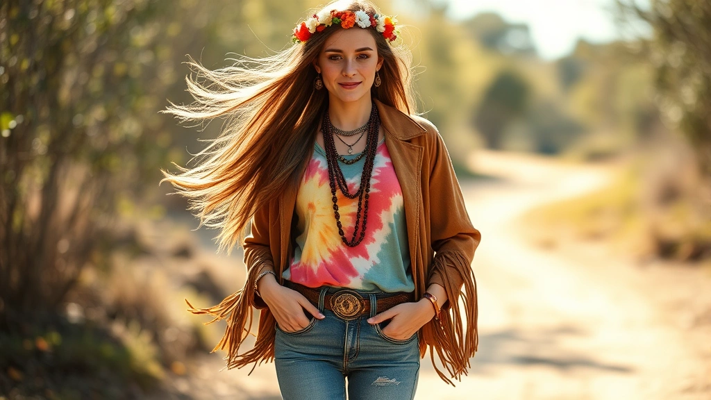 Woman wearing authentic 1960s hippie outfit with bell-bottom jeans, flowing tie-dye shirt, fringe suede jacket, beaded necklaces, and flower crown, standing in natural sunlight with long flowing hair, peaceful expression, bohemian aesthetic, vintage photography style