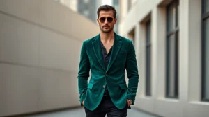 Stylish man wearing slim-fit mod-inspired blazer in jewel emerald green, narrow lapels, paired with fitted black trousers and Chelsea boots, standing confidently in urban setting with minimalist background