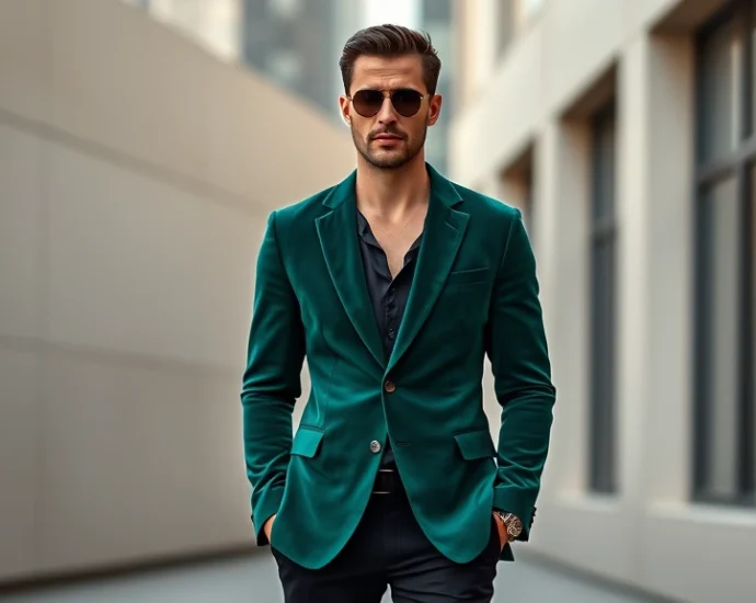 Stylish man wearing slim-fit mod-inspired blazer in jewel emerald green, narrow lapels, paired with fitted black trousers and Chelsea boots, standing confidently in urban setting with minimalist background