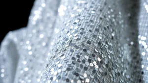 Close-up of a shimmering silver sequined fabric with light reflections, showing intricate beadwork and metallic sheen against a dark background