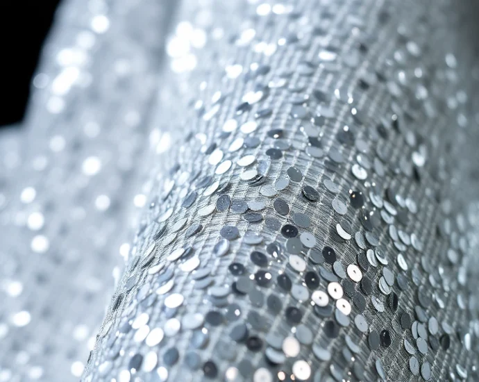 Close-up of a shimmering silver sequined fabric with light reflections, showing intricate beadwork and metallic sheen against a dark background