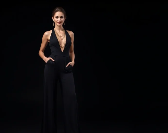 Woman wearing sleek black wide-leg flared jumpsuit with plunging neckline and gold layered jewelry, standing confidently in studio lighting, black background, professional fashion photography