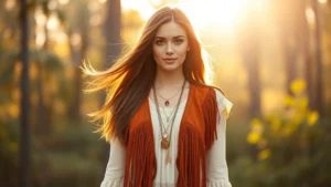 Woman wearing rust-colored suede fringe vest over cream peasant blouse, layered gold necklaces, long flowing chestnut hair with center part, standing in golden hour sunlight with soft focus forest background