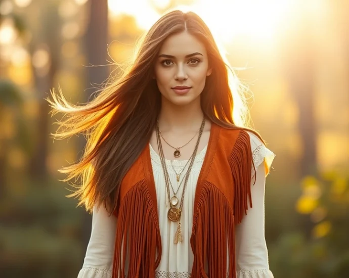 Woman wearing rust-colored suede fringe vest over cream peasant blouse, layered gold necklaces, long flowing chestnut hair with center part, standing in golden hour sunlight with soft focus forest background