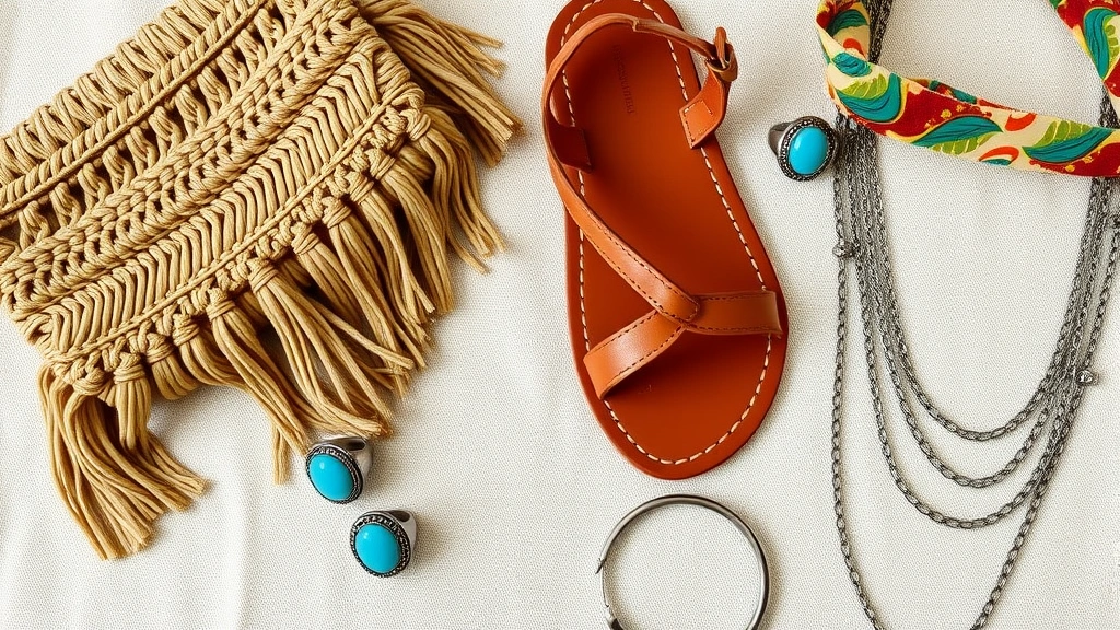 Flat lay styling of vintage 70s accessories including macramé shoulder bag, leather sandals, stacked turquoise silver rings, fabric headband, and layered chain necklaces on natural linen fabric