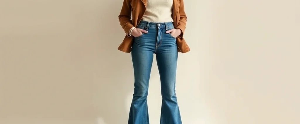 Woman wearing high-waisted flared denim jeans with fitted cream turtleneck and camel suede jacket, standing against neutral background, natural lighting, fashion photography