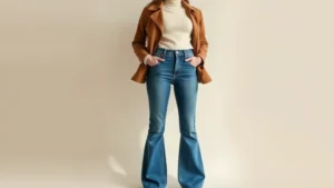 Woman wearing high-waisted flared denim jeans with fitted cream turtleneck and camel suede jacket, standing against neutral background, natural lighting, fashion photography
