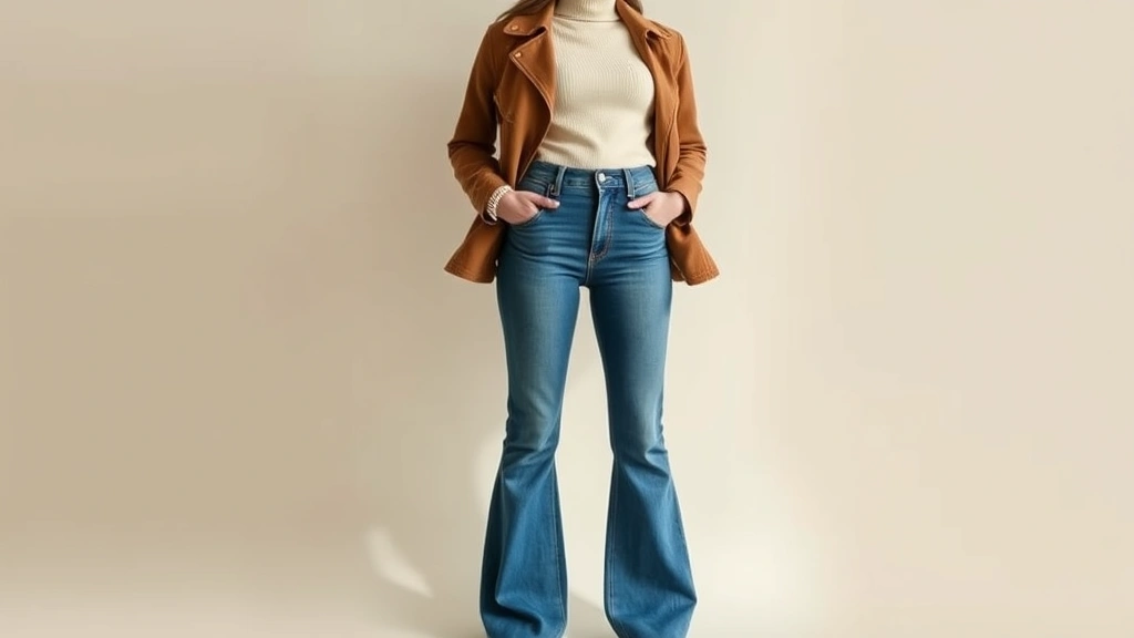 Woman wearing high-waisted flared denim jeans with fitted cream turtleneck and camel suede jacket, standing against neutral background, natural lighting, fashion photography