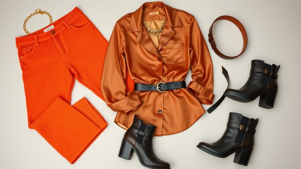 Styled flat lay showing seventies fashion essentials: burnt orange corduroy pants, gold chain necklace, wide-collar silk shirt, platform boots, and leather belt arranged artfully