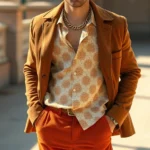 Man wearing wide-leg burnt orange corduroy trousers, cream silk patterned shirt with wide collar unbuttoned at chest, layered gold chains, brown suede jacket draped over shoulders, standing confidently in natural light with warm tones