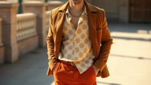 Man wearing wide-leg burnt orange corduroy trousers, cream silk patterned shirt with wide collar unbuttoned at chest, layered gold chains, brown suede jacket draped over shoulders, standing confidently in natural light with warm tones