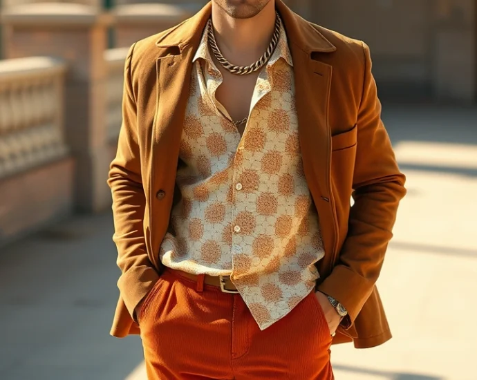 Man wearing wide-leg burnt orange corduroy trousers, cream silk patterned shirt with wide collar unbuttoned at chest, layered gold chains, brown suede jacket draped over shoulders, standing confidently in natural light with warm tones