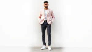 Man wearing oversized pastel pink blazer with subtle shoulder structure, fitted charcoal trousers, and contemporary white sneakers, standing confidently against neutral background, natural lighting highlighting the fabric texture and color contrast