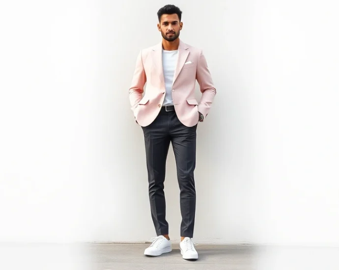 Man wearing oversized pastel pink blazer with subtle shoulder structure, fitted charcoal trousers, and contemporary white sneakers, standing confidently against neutral background, natural lighting highlighting the fabric texture and color contrast