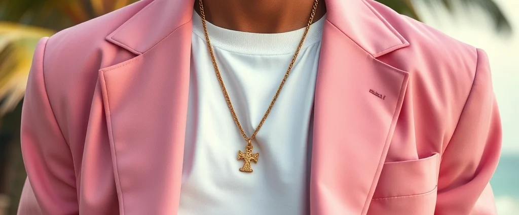 Close-up of a man wearing a pastel pink oversized blazer with white t-shirt, gold chain necklace visible, Miami Vice inspired aesthetic, soft lighting, tropical background slightly blurred, photorealistic fashion photography