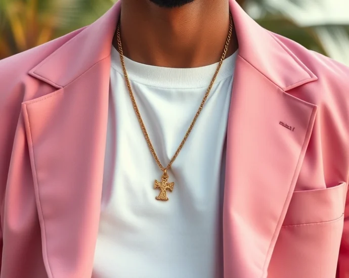 Close-up of a man wearing a pastel pink oversized blazer with white t-shirt, gold chain necklace visible, Miami Vice inspired aesthetic, soft lighting, tropical background slightly blurred, photorealistic fashion photography