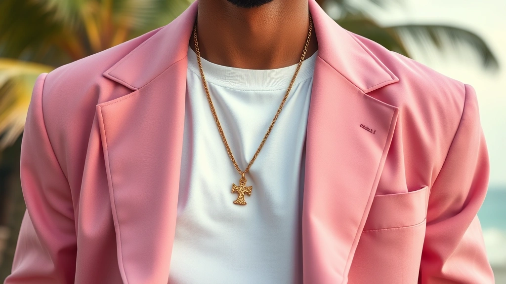 Close-up of a man wearing a pastel pink oversized blazer with white t-shirt, gold chain necklace visible, Miami Vice inspired aesthetic, soft lighting, tropical background slightly blurred, photorealistic fashion photography