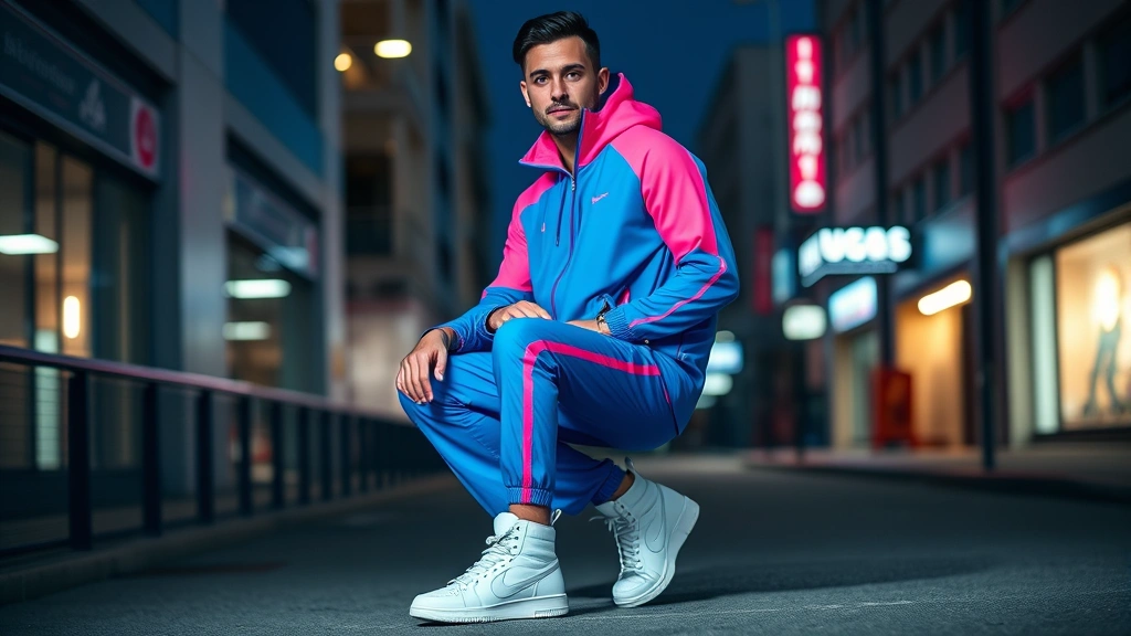 Man in electric blue and neon pink color-blocked tracksuit with high-top white sneakers, posed against urban street backdrop, dramatic lighting highlighting the vibrant colors, confident stance, professional fashion shot